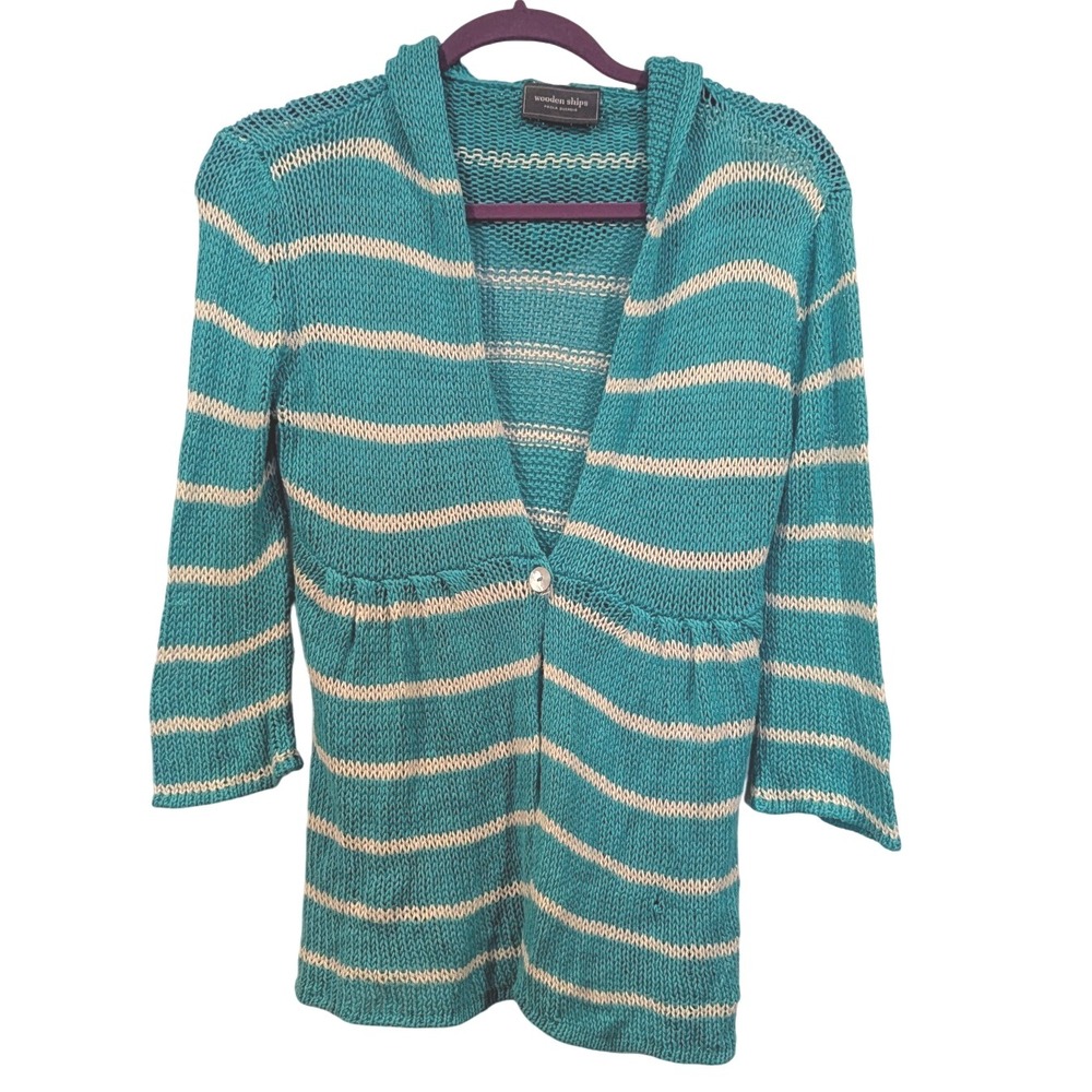 Wooden Ships Turquoise Striped Knit Cardigan Sweater‎ Hooded Cotton Acrylic S/M
